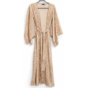 Anisa womens medium long 100% cold silk robe Spain tan beige gold paisley